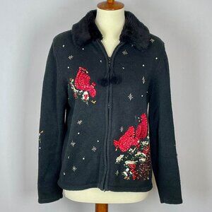 Vtg Tiara International Cardinals Cardigan Sz S Black Bead Embroidered Christmas